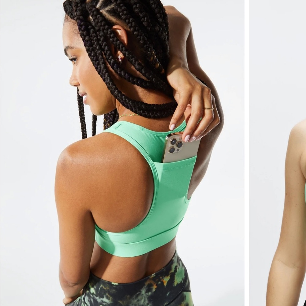Fabletics Women's On-The-Go Medium Impact Sports Bra in "Tropical Water"